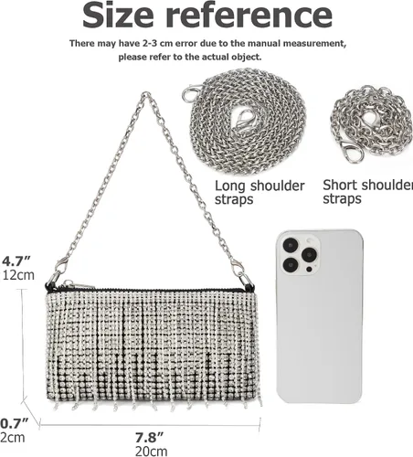Vista 3 de Bolso cruzado de diamantes de imitación brillantes para mujer, con borla, cadena plateada, para fiesta de graduación de noche, fiesta
