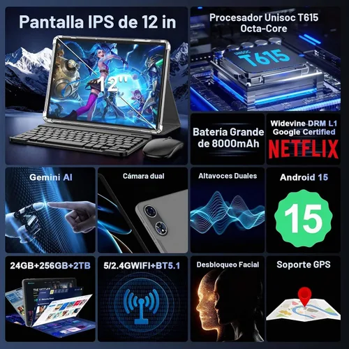 Vista 2 de Tablet 2025 de 12 pulgadas, tabletas Android 15 con teclado, 24GB+256GB+2TB Expand, pantalla 2K, Tablet PC con WiFi 5G, Octa-Core, 8000mAh, BT5.0
