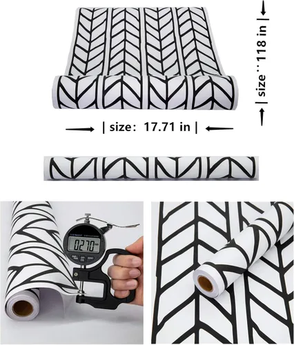 Vista 7 de Papel tapiz despegable y adhesivo en blanco y negro, papel tapiz geométrico adhesivo de 17.71 pulgadas X 393 pulgadas, removible con diseño
