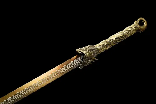 Vista 5 de Espada de hoja recta de acero al carbono hecha a mano con patrón genial, espada Dragón Tang Dao china Dorado