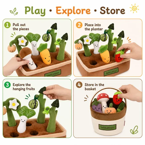 Vista 7 de Bebamour Montessori - Juego de zanahoria de peluche de algodón suave, juego sensorial (zanahoria)