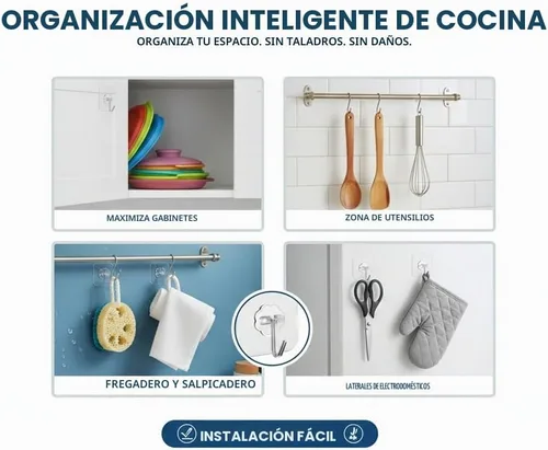 Vista 2 de Paquete de 24 ganchos autoadhesivos resistentes, 33 libras (máx.), transparentes, sin uñas, impermeables, ganchos de pared adhesivos para llaves