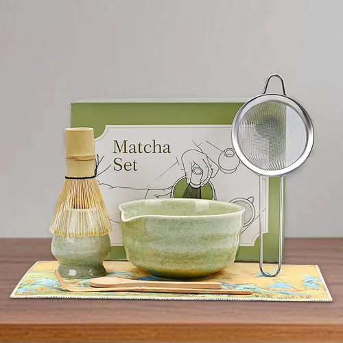 Vista 2 de Juego de batidor de matcha verde, kit de té japonés con batidor y cuchara de bambú, Chawan de cerámica con boquilla para ceremonia de té