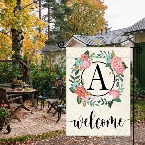 Vista 3 de Bandera de jardín con letra monograma, floral, 12 x 18 pulgadas, doble cara para exterior, pequeña de arpillera, familia, apellido, bandera inicial