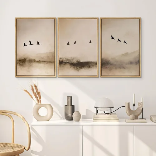 Vista 273 de SIGNWIN Lienzo enmarcado para pared, juego de arte pastel con cadena montañosa, bosque, niebla, naturaleza silvestre, ilustraciones modernas, arte
