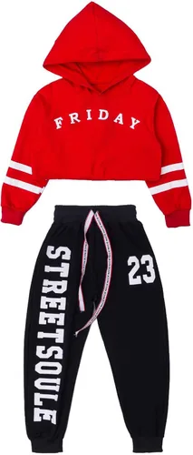 Vista 3 de LOLANTA Conjunto deportivo de 2 piezas con capucha y pantalón deportivo para niñas, estilo hip hop, ropa moderna de baile de jazz, talla 4-16