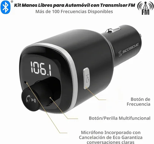 Vista 3 de Scosche BTFM4 BTFREQ - Kit universal de manos libres Bluetooth para coche con transmisor FM y puertos USB duales, color negro