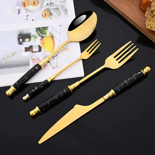 Vista 7 de JASHII Fancy Silverware - Juego de cubiertos de acero inoxidable dorado, juego de cubiertos de espejo, cuchillo y tenedor, cuchara, cucharadita