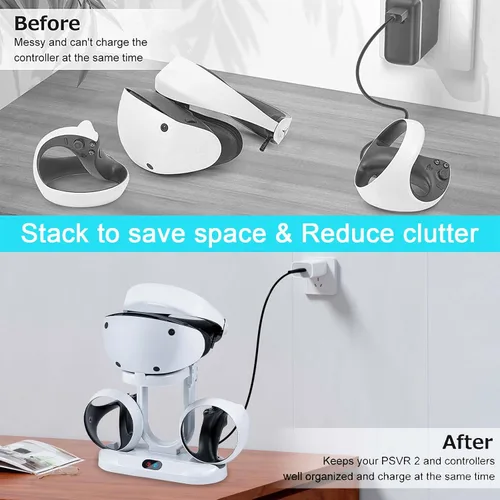 Vista 3 de Base de carga de controlador para PS5 VR2, estación de carga PSVR 2 con soporte de auriculares VR, cargador de controlador PS VR2 con indicador LED