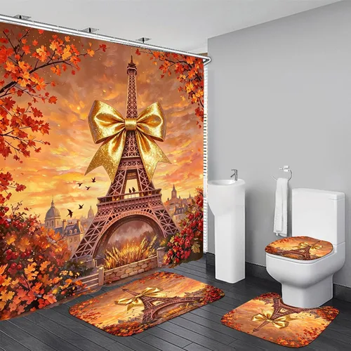 Vista 10 de Chrainy Juego de 4 cortinas de ducha de la torre Eiffel de París, botella de perfume, flores, negro, decoración de baño con 12 ganchos Waterproof