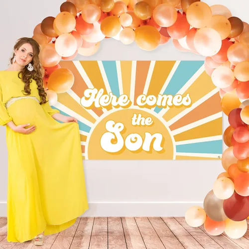 Vista 5 de Here Comes The Son - Telón de fondo para baby shower, estilo bohemio, retro, apagado, amanecer, decoración para colgar en la pared, fiesta