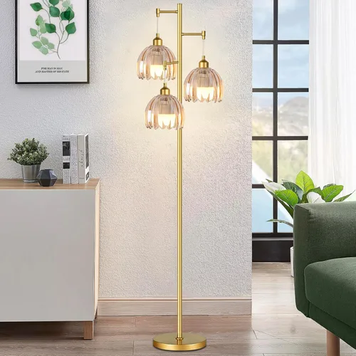 Vista 6 de ZECOXOL Lámparas de pie doradas para sala de estar dormitorio - Lámpara de pie de vidrio de 3 luces con tres bombillas LED, lámpara de pie alta