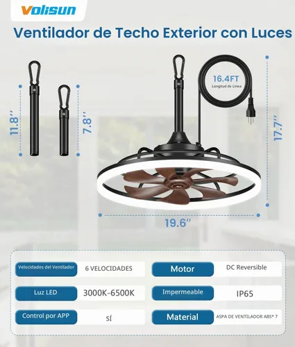Vista 7 de VOLISUN Ventiladores de techo para exteriores con luz para patios, ventilador de techo resistente a la intemperie, enchufe de 19.7 pulgadas Madera