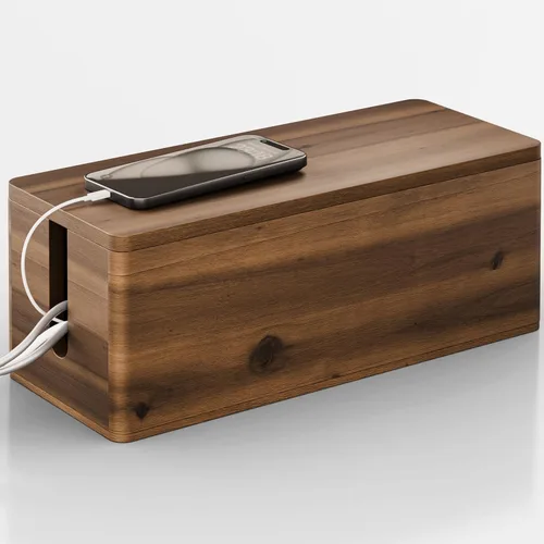 Vista 9 de Caja de gestión de cables de madera de acacia TIDITA con borde redondo - Caja organizadora de cables de madera de 40.6 cm de largo para ocultar