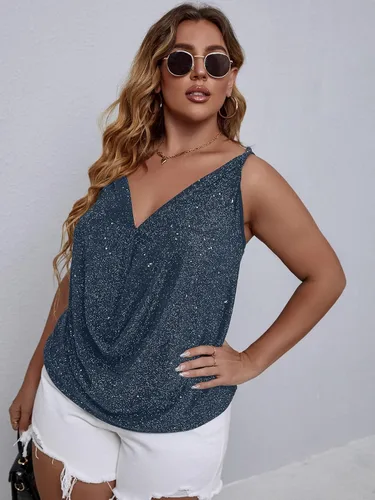 Vista 5 de Floerns Camiseta sin mangas con cuello drapeado con purpurina para mujer, talla grande