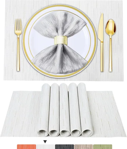 Vista 22 de BETEAM Juego de 4 manteles individuales de vinilo tejido para mesa de comedor, lavables, lavables, manteles individuales de cocina, duraderos