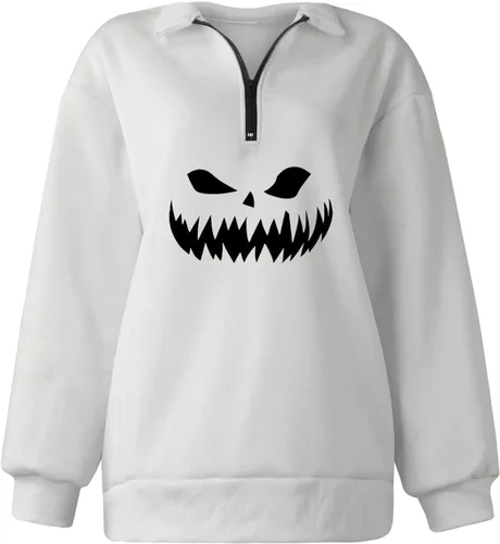 Vista 2 de Sudaderas de Halloween para mujer, casual, a la moda, con estampado de calabaza, manga larga, solapa, con cremallera de un cuarto