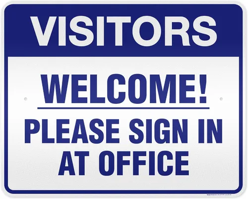 Vista 20 de Letrero con texto en inglés «Welcome Please Sign In at Office», 10 x 14