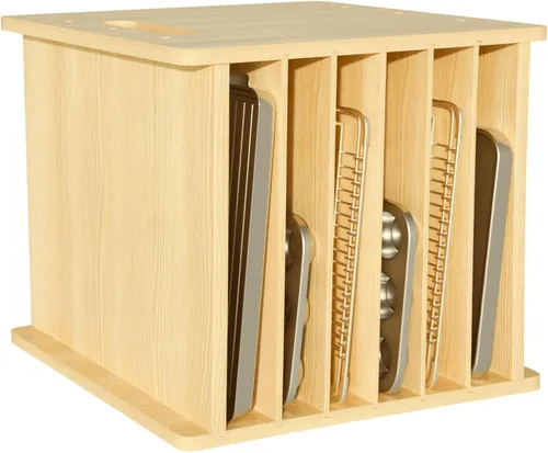Vista 9 de Separadores de bandeja de madera de 7 niveles para gabinetes, organizador de bandejas para galletas para ollas, sartenes, organizador de bandejas
