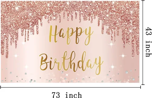 Vista 2 de Cartel de feliz cumpleaños de oro rosa y decoraciones de fondo para niñas y mujeres, suministros de letrero de fiesta temática rosa, gran póster