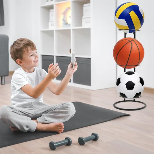 Vista 7 de QWORK Estante de almacenamiento para pelotas de baloncesto: diseño vertical de 3 niveles, montaje en pared o independiente, solución de ahorro