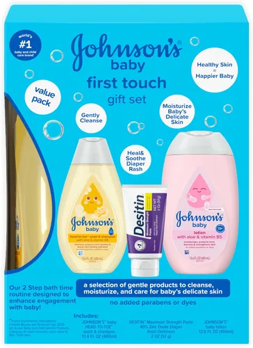 Vista 8 de Johnson's First Touch Baby Essentials Set de regalo con gel de baño y champú, loción corporal y crema de óxido de zinc para la piel delicada