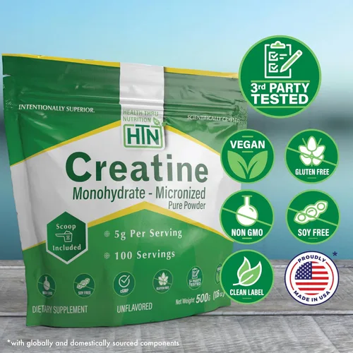 Vista 2 de Health Thru Nutrition Monohidrato de creatina en polvo micronizado – 17.64 oz puro sin sabor – 0.18 oz por cucharada – Apoyo al entrenamiento