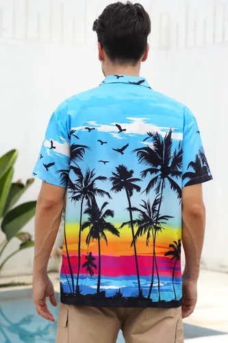 Vista 6 de Cromoncent Camisa hawaiana de manga corta para hombre y niño, cuello cubano, tropical, vacaciones, verano, playa, Aloha Azul