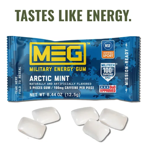 Vista 2 de MEG - Goma de mascar energética militar - Arctic Mint 100 mg de cafeína por pieza para rendimiento físico, impulso de energía para entrenamientos