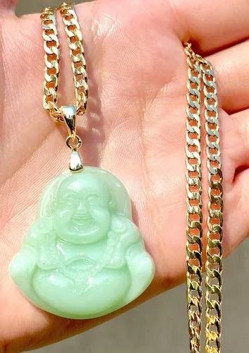 Vista 4 de Collar con colgante de Buda sonriente y sonriente, de jade verde lima y cadena cubana de oro genuina certificada de jade de grado A hecha a mano