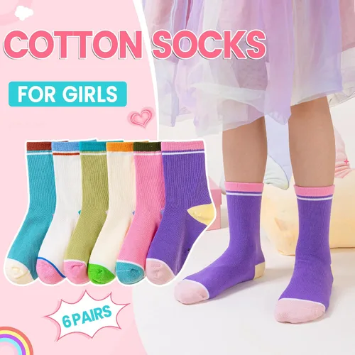 Vista 2 de WEVIAS Calcetines para niñas, calcetines de algodón a rayas para niños, 6 pares