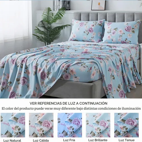 Vista 5 de FADFAY Juego de sábanas tamaño King, sábanas de algodón percal rosa floral con bolsillo profundo, ropa de cama vintage lujosa azul con estampado