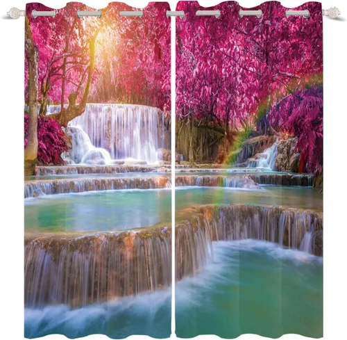 Vista 15 de Renaiss Cortinas opacas con cascada, diseño de bosque profundo, con aislamiento térmico, para dormitorio, árboles, estanques, piedras, para sala