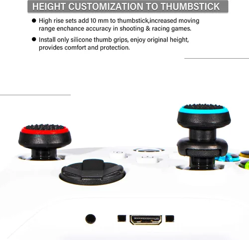 Vista 4 de FPS Thumbstick Extender & 3D Texture Rubber Silicone Grip Cover 2 Sets for Xbox Series XS & Xbox One Controller(Black Red+Blue)