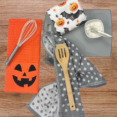Vista 5 de Haunted - Juego de toallas de mano de cocina de Halloween: Jack O' Lantern Orange Terry Loop, lazo de rizo de punto blanco elevado, diseños