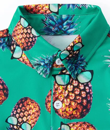 Vista 6 de RAISEVERN Camisas con botones para niños, estampado de dibujos animados hawaianos, ajustadas, manga corta, linda camisa de vestir para niños (2-10T)