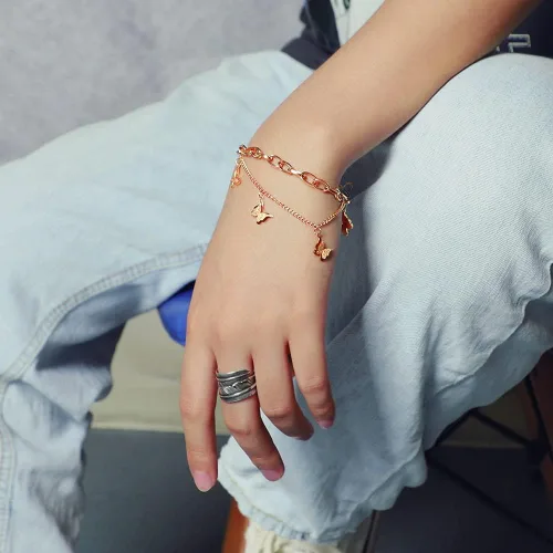 Vista 7 de Layered Gold Bracelets for Women Aimou 14K Gold Plate Dainty Paperclip Filled Adjustable Bracelets Love Heart Pendant Butterfly Pendant Charm Girls