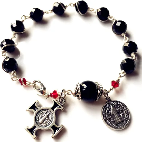 Vista 2 de elegantmedical Pulsera hecha a mano con cuentas de oración de ágata negra, rosario, cruz, católica, Metal