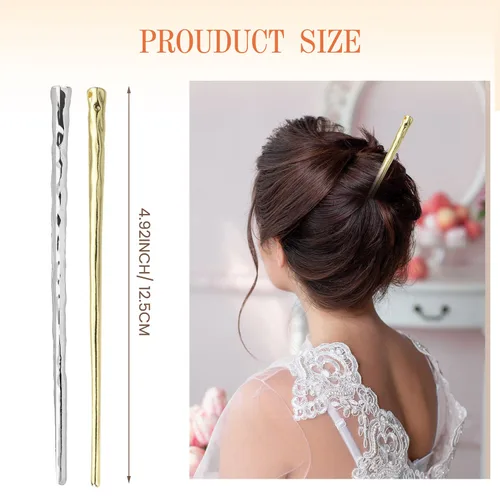 Vista 3 de RAYNAG Paquete de 4 palillos de metal para el cabello, palillos de pelo para niñas y mujeres, alfileres de aleación, dorado y plateado