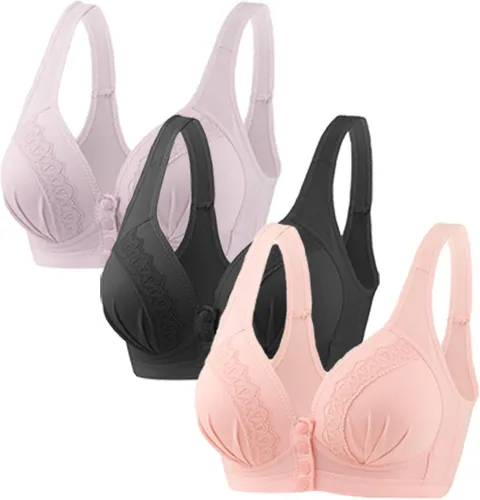 Vista 22 de Glamorette Snap Front Bra Older Women,Snap Front Bra, Sexy Lace Embroidered Bras,Pull-On Front Closure Button Bras 3 unidades de color negro.