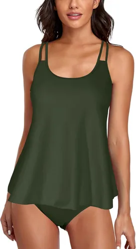 Vista 44 de Omichic Conjuntos de tankini modestos para mujer, trajes de baño atléticos de 2 piezas, camiseta sin mangas fluida con parte inferior de bikini