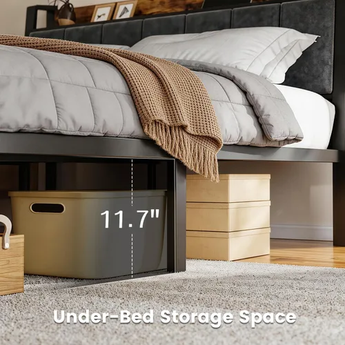 Vista 5 de Liians Base de cama LED de tamaño matrimonial con estación de carga y cabecera de almacenamiento, plataforma de metal, no necesita somier, fácil