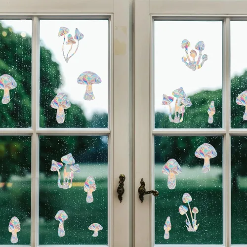 Vista 6 de Adhesivo para ventana de arco iris, 22 piezas de PVC con forma de hongo y arco iris, calcomanías estáticas para evitar golpes de pájaros