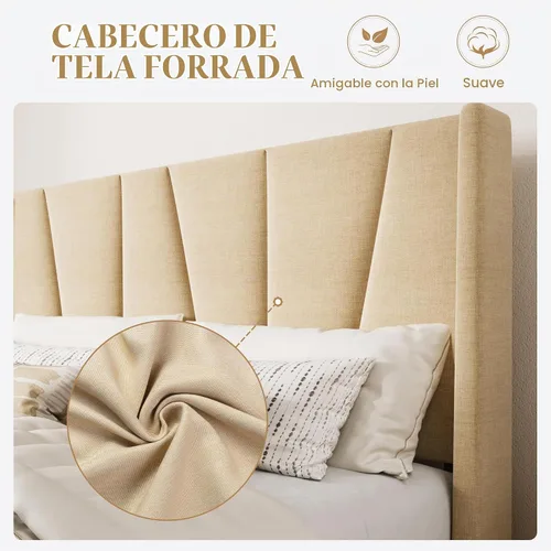 Vista 4 de SHA CERLIN - Base de cama tapizada Queen con cabecero, color beige Cama de plataforma, soporte de listones de madera, espacio debajo de la cama