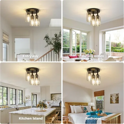 Vista 7 de 3-Light Black Outdoor Flush Mount Ceiling Light Fixture with Glass Shade Lámparas de techo de jaula cuadrada rústica de 10.6 pulgadas, lámparas