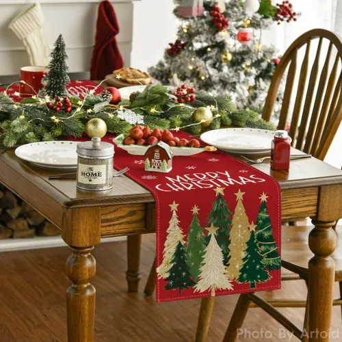 Vista 2 de Artoid Mode Camino de Mesa de Feliz Navidad con Árboles de Navidad y Copos de Nieve Rojos 210 GSM, Decoración de Mesa de Comedor de Cocina