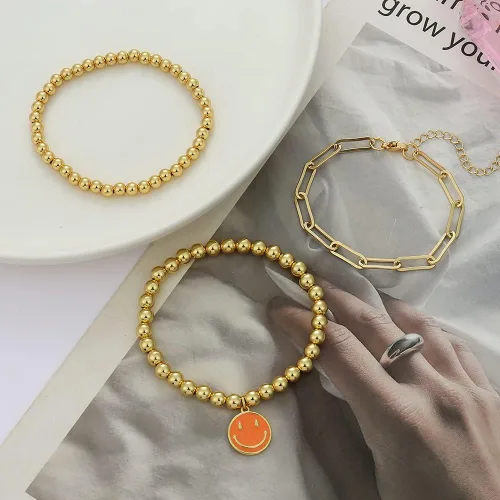 Vista 4 de MythDone Pulseras de cuentas de oro de 18 quilates para mujer, cadena de eslabones de clip de oro con cuentas apilables, pulseras elásticas