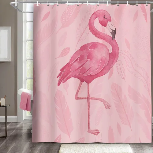 Vista 3 de Bonita cortina de ducha de flamenco, cortinas de ducha de baño rosa y gris, juego de cortinas de baño bohemias de arte moderno con ganchos, 60 x 72