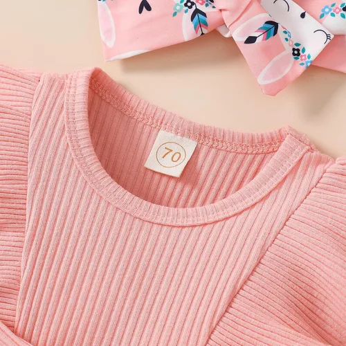 Vista 3 de Lindo mameluco para bebés y niñas con estampado de flores, encaje con volantes, lazo frontal, diadema