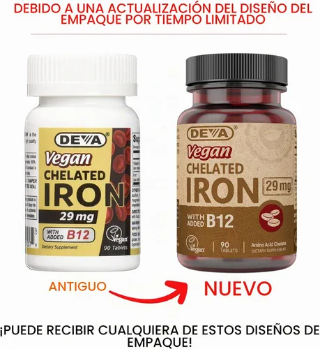 Vista 2 de Deva Nutrition Hierro quelado vegano 29 mg fortificado con B-12 - Alta potencia, fácil de tragar - 90 tabletas, 1 paquete